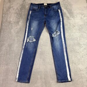 KDNK 11 4 14 11 Mens 34 X 31 Blue Distressed Jeans Skinny Ankle W/ Stripe Street